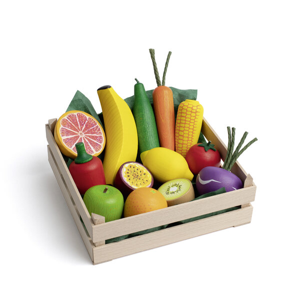 Gesorteerd groente en fruit in XL marktkrat (15 delig)| Speelgoed - Poppen & Rollenspel speelgoed
